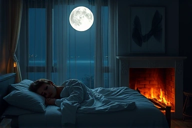 Serene bedroom at night with peaceful sleeping figure, symbolizing metabolic processes.